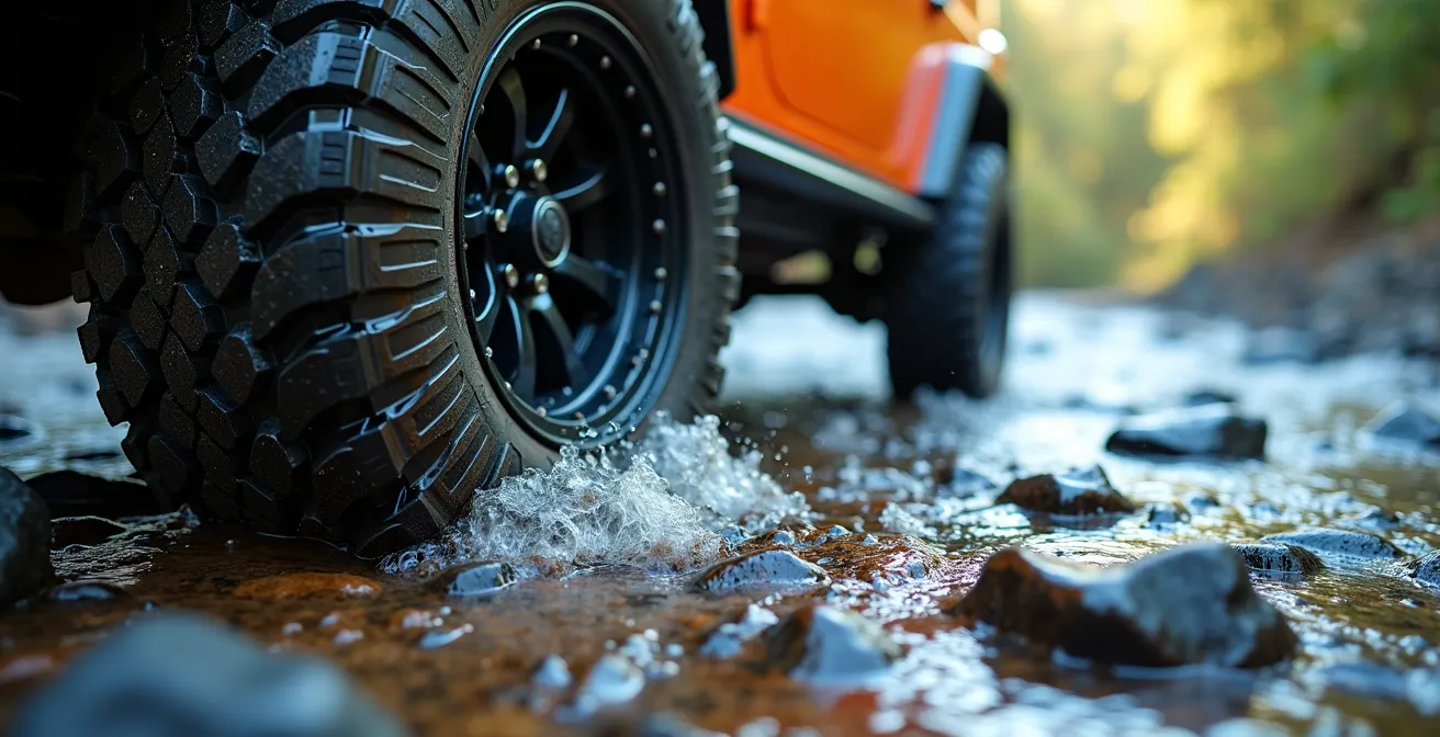 4x4 robuste traversant un gué rocheux dans la Rivière des Galets à La Réunion