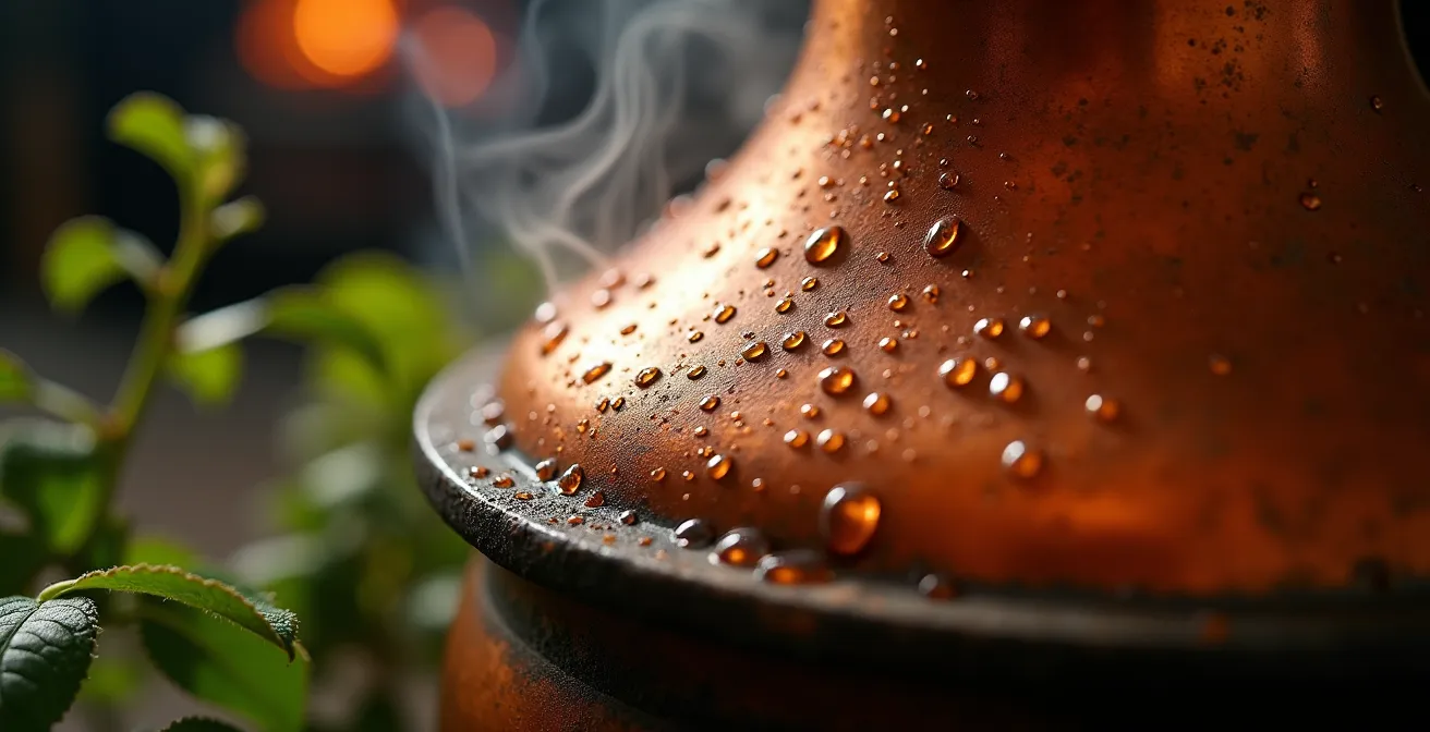 Alambic en cuivre traditionnel avec vapeur s'échappant lors de la distillation du géranium