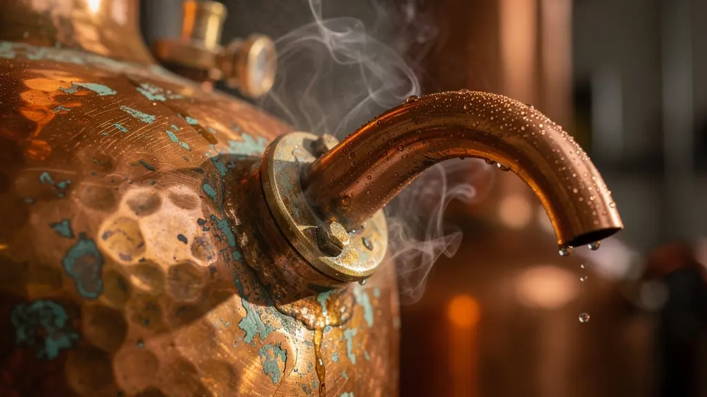 Détail macro de l'alambic en cuivre avec vapeur et condensation