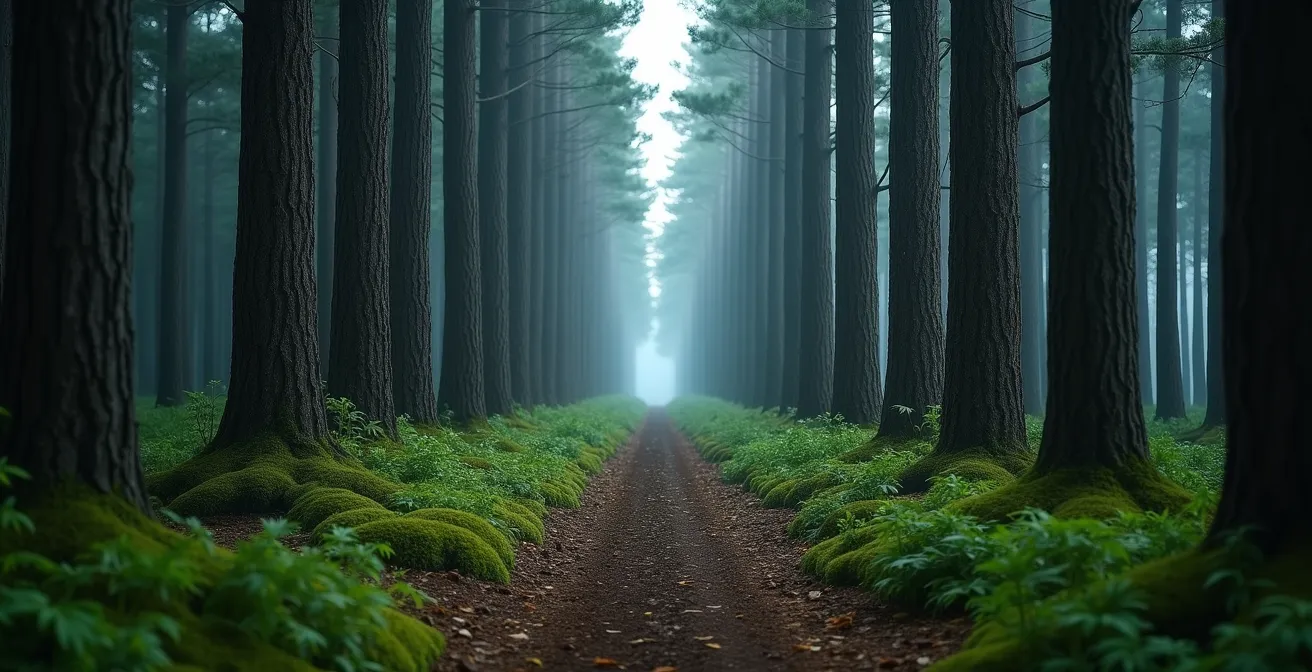 Perspective hypnotique créée par l'alignement des cryptomérias plantés en lignes