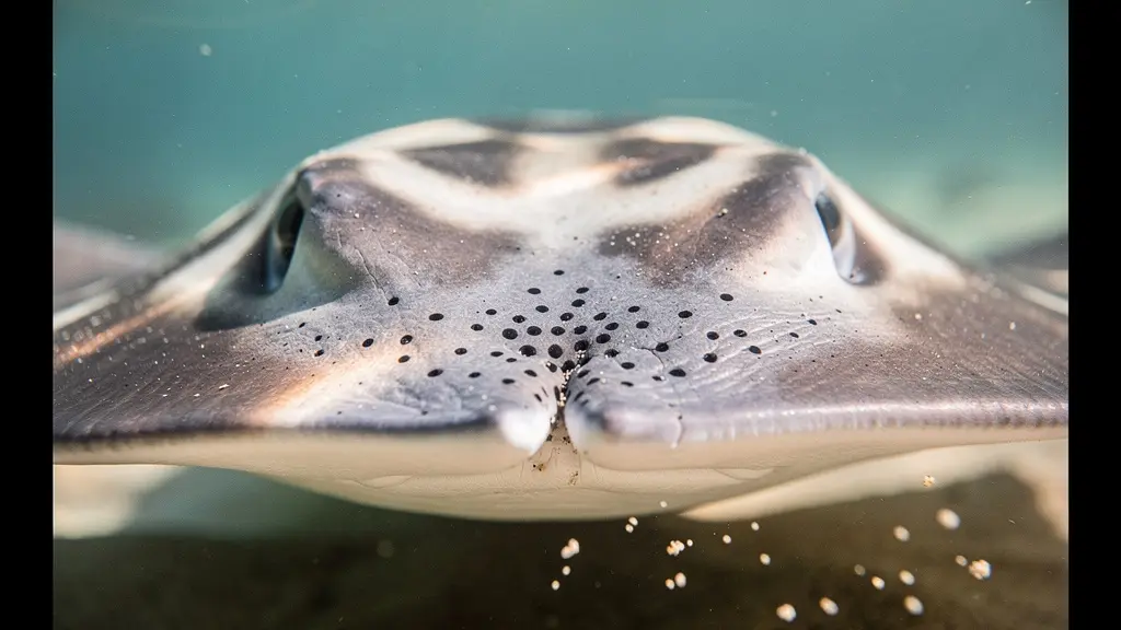 Gros plan macro sur le museau aplati d'une raie aigle montrant les pores sensoriels des ampoules de Lorenzini