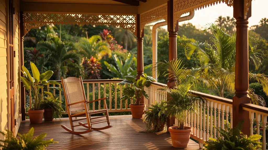 Vue d'une varangue traditionnelle créole avec ses lambrequins ouvragés et son espace de vie semi-ouvert