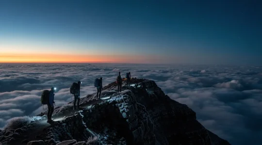 Silhouettes de randonneurs avec lampes frontales sur une crête volcanique du Piton des Neiges juste avant l’aube, au-dessus d’une mer de nuages.