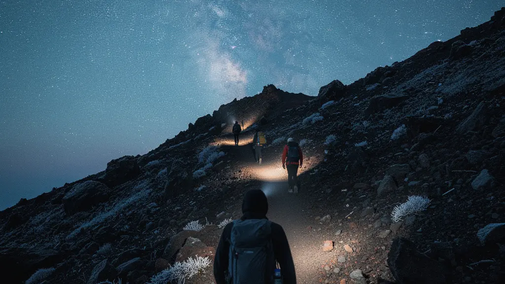 Randonneurs en file indienne gravissant le Piton des Neiges de nuit avec leurs lampes frontales, ciel étoilé tropical au-dessus