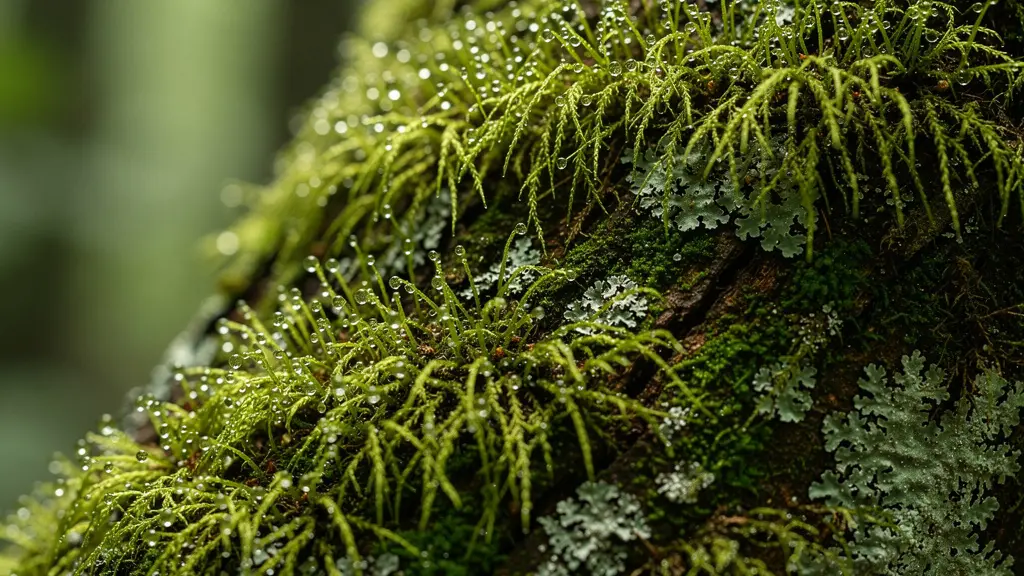 Intérieur d'une forêt primaire silencieuse avec troncs couverts de mousse épaisse et brume dense