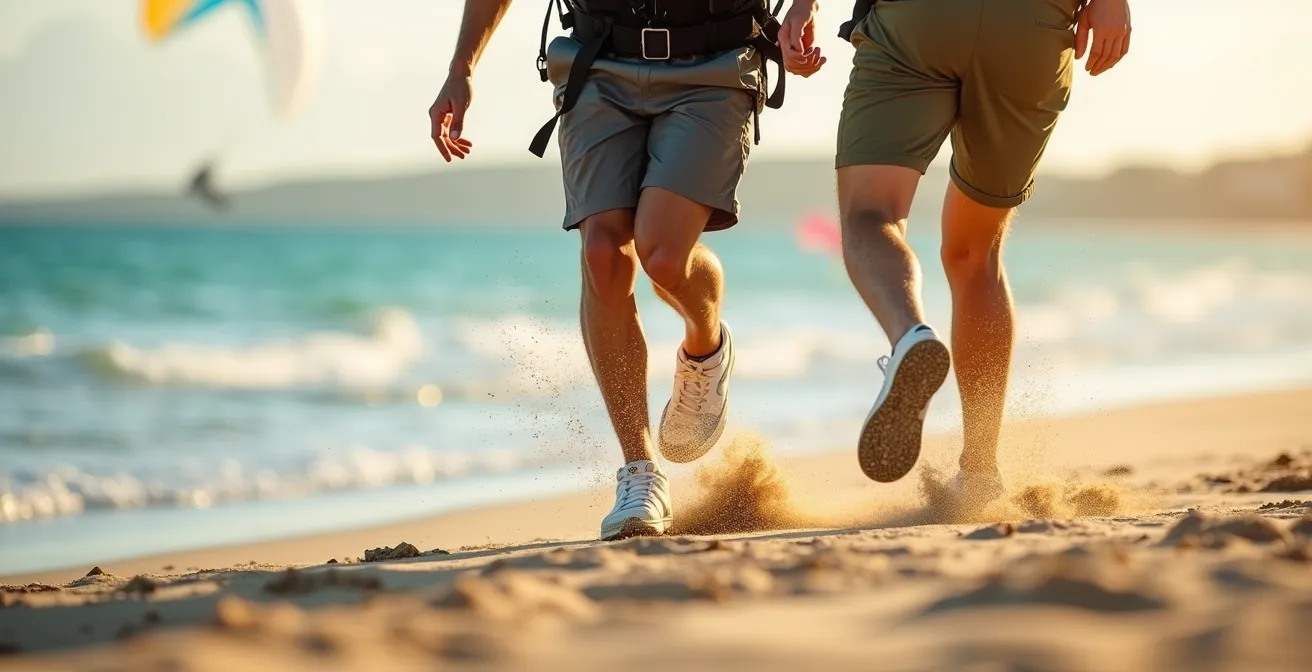 Atterrissage en douceur d'un parapente biplace sur la plage de sable de Saint-Leu