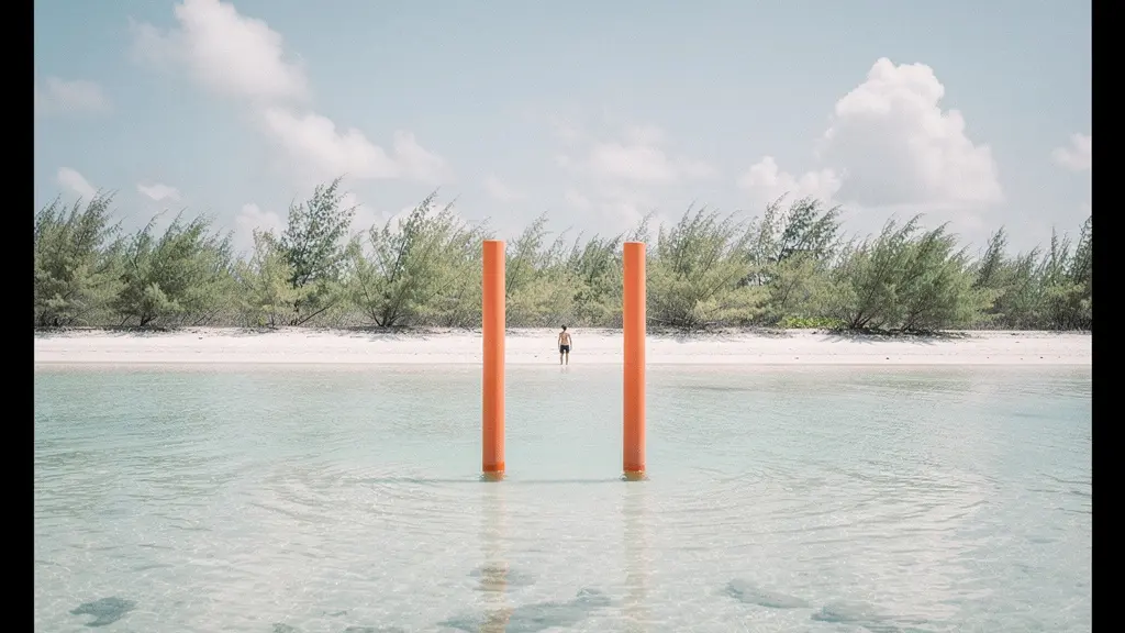 Balises orange de protection intégrale plantées dans les eaux turquoises peu profondes du lagon de La Réunion avec la plage en arrière-plan
