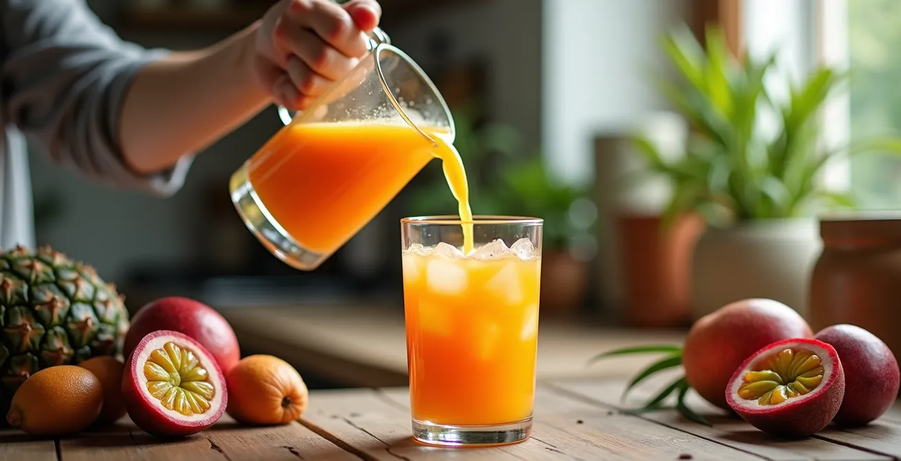 Assortiment de jus de fruits tropicaux colorés dans des verres avec fruits frais