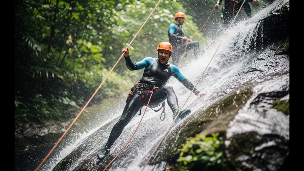 Canyoneurs descendant une cascade gonflée par la pluie à La Réunion