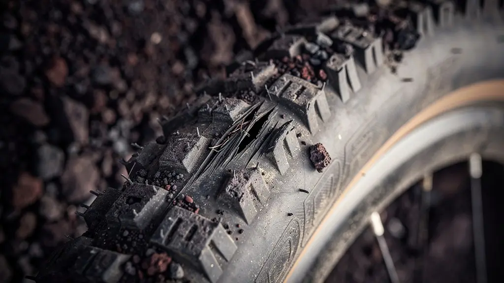 Gros plan d un pneu de VTT avec une carcasse entaillée par des pierres volcaniques noires.