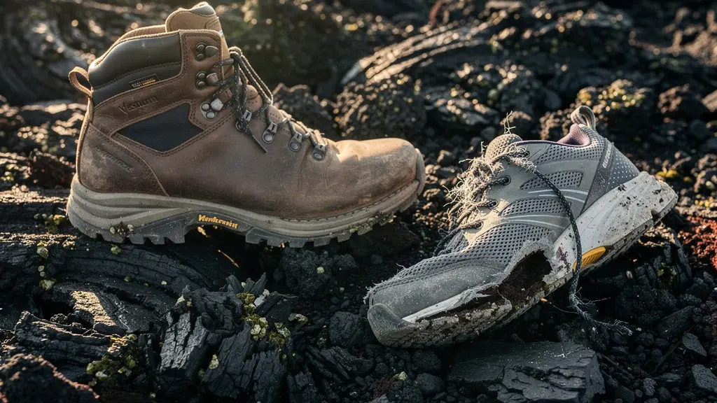 Gros plan sur une chaussure de randonnée haute posée sur les scories volcaniques acérées du Piton de la Fournaise