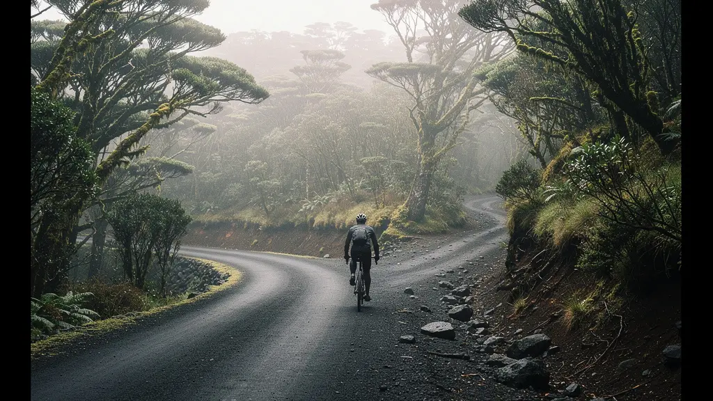 Bifurcation de deux chemins en foret, un large et roulant et un autre plus etroit et technique, evocant deux niveaux de descente.
