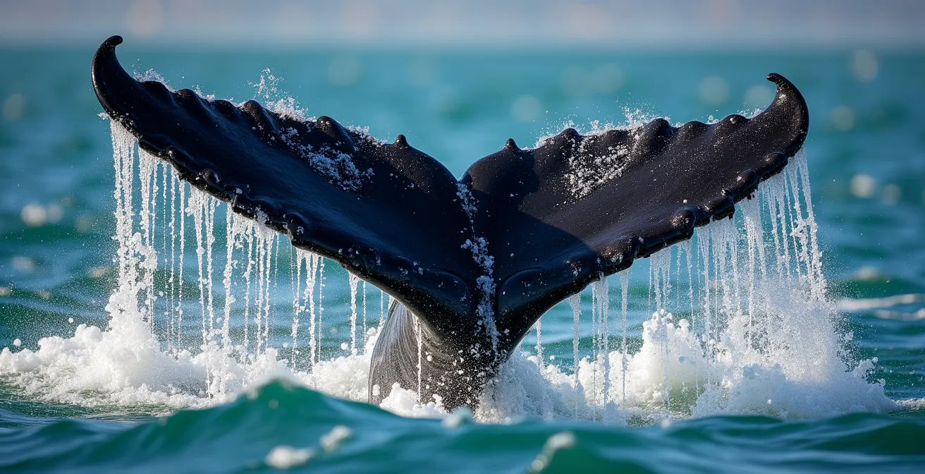 Baleine à bosse effectuant une frappe de nageoire caudale dans l'eau turquoise