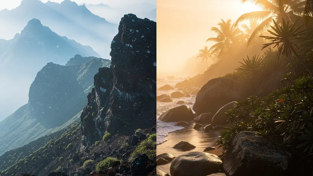 Comparaison de la lumière matinale entre le Maïdo en altitude et l'Anse des Cascades au niveau de la mer