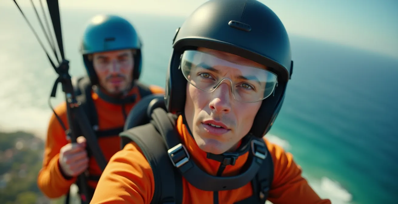 Deux parapentistes côte à côte, l'un avec mini-voile, l'autre avec voile classique, au-dessus de Saint-Leu