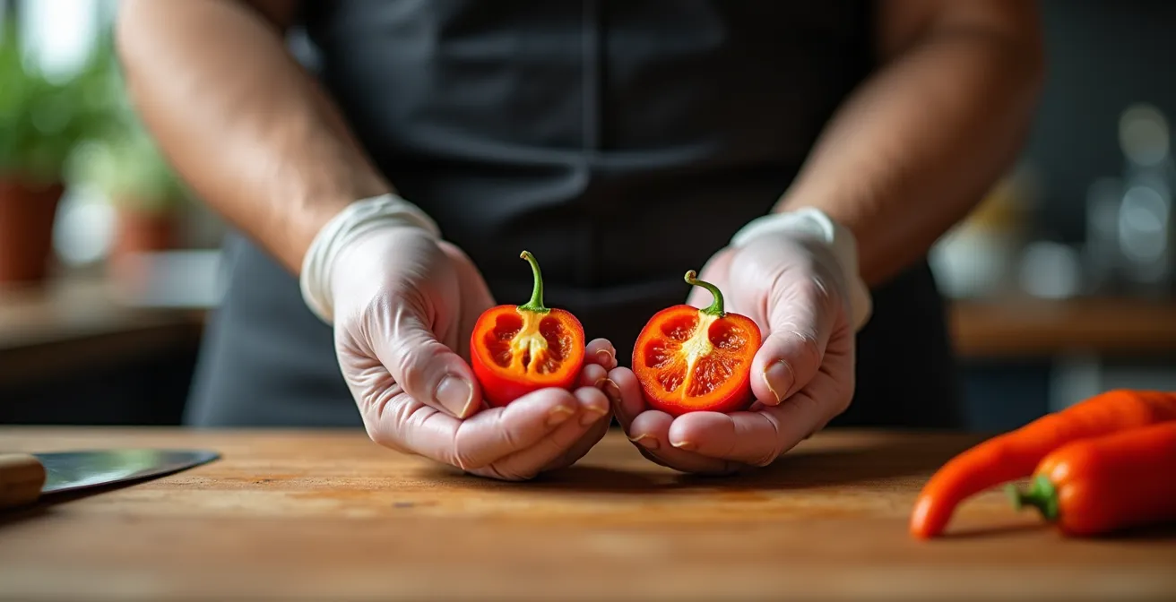 Comparaison visuelle entre piment cabri et piment oiseau coupés en deux montrant graines et chair