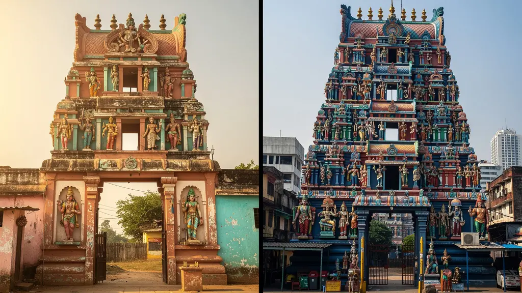 Vue comparative des façades colorées du Temple du Colosse et du Temple Narassingua Péroumal
