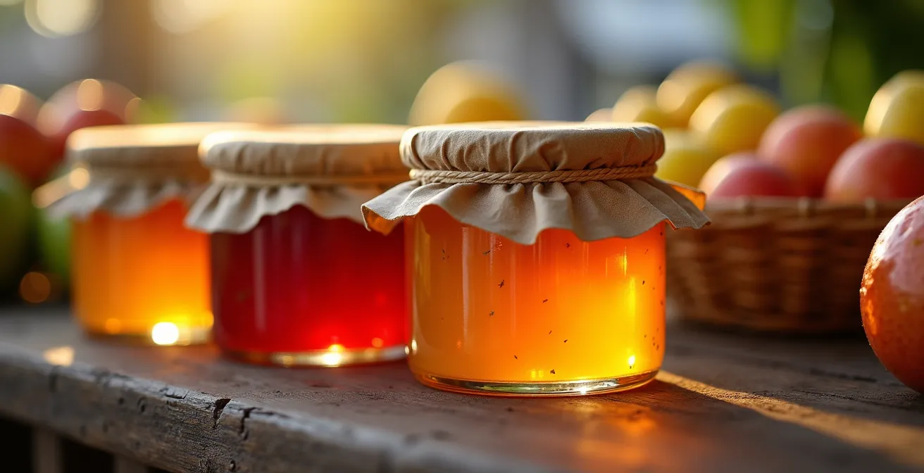 Étal coloré de confitures maison sur un marché créole avec fruits tropicaux