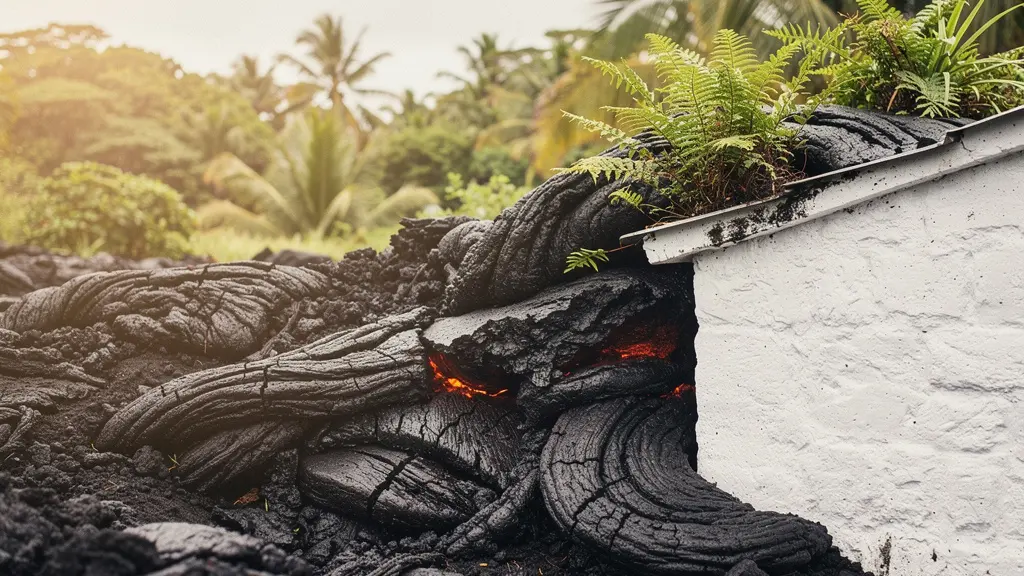 Basalte noir figé contournant les murs blancs d'une petite église tropicale, illustrant la force de la lave stoppée par un obstacle architectural