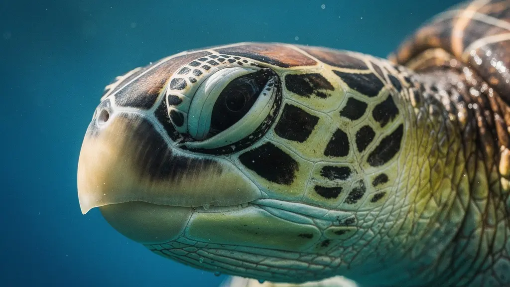 Gros plan macro sur les écailles faciales uniques d'une tortue verte permettant son identification