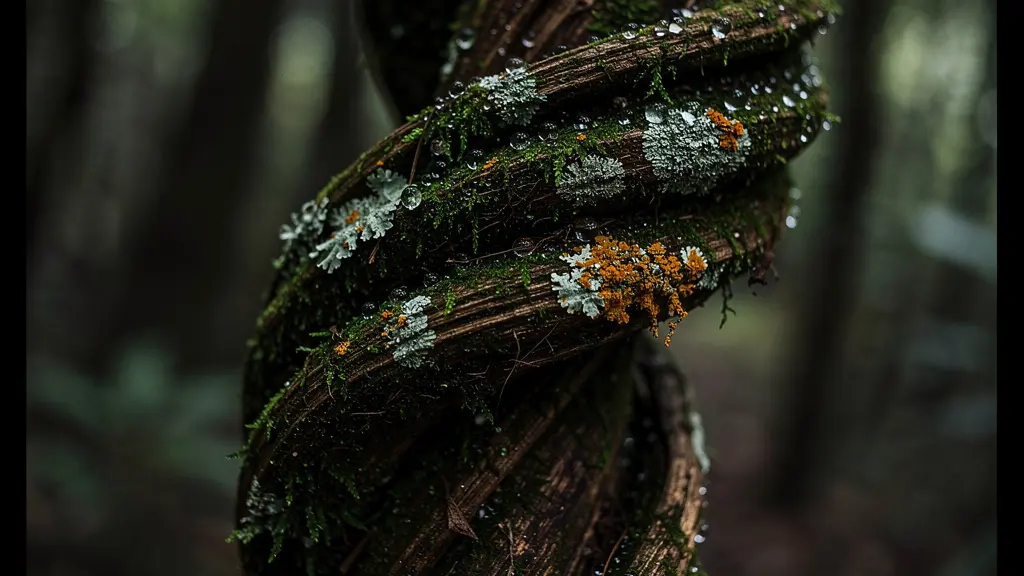 Plan macro sur l'écorce rugueuse et moussue d'un Tamarin des Hauts, montrant sa structure tortueuse et les épiphytes qui y poussent.