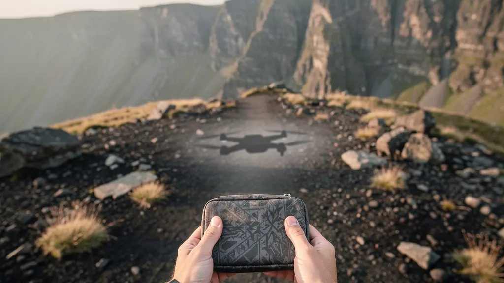 Un drone hors champ suggéré par son ombre au-dessus d’un sentier de montagne, dans une ambiance calme de cirque volcanique.