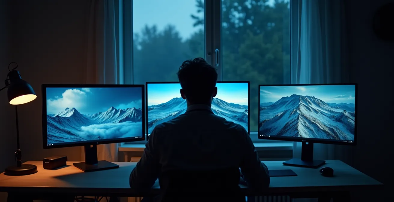 Photographe analysant les données météo et les flux de webcams sur plusieurs écrans pour planifier sa sortie en montagne