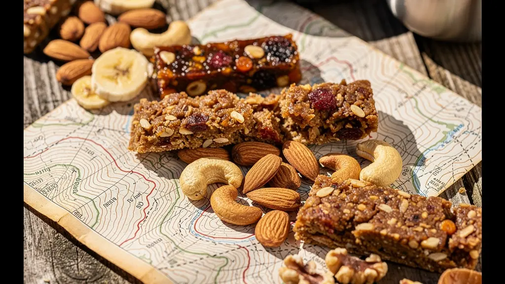 Assortiment d'encas énergétiques naturels disposés sur une carte de randonnée