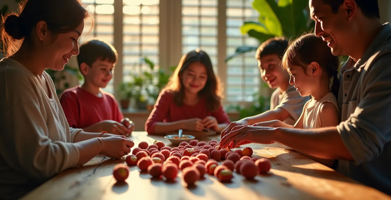 Scène familiale chaleureuse montrant la transmission du savoir-faire de dégustation des letchis en toute sécurité