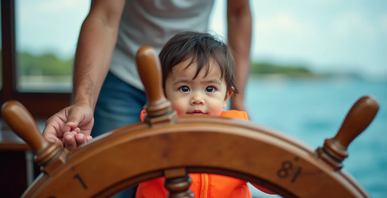 Jeune enfant tenant symboliquement la barre du catamaran sous la supervision bienveillante du skipper