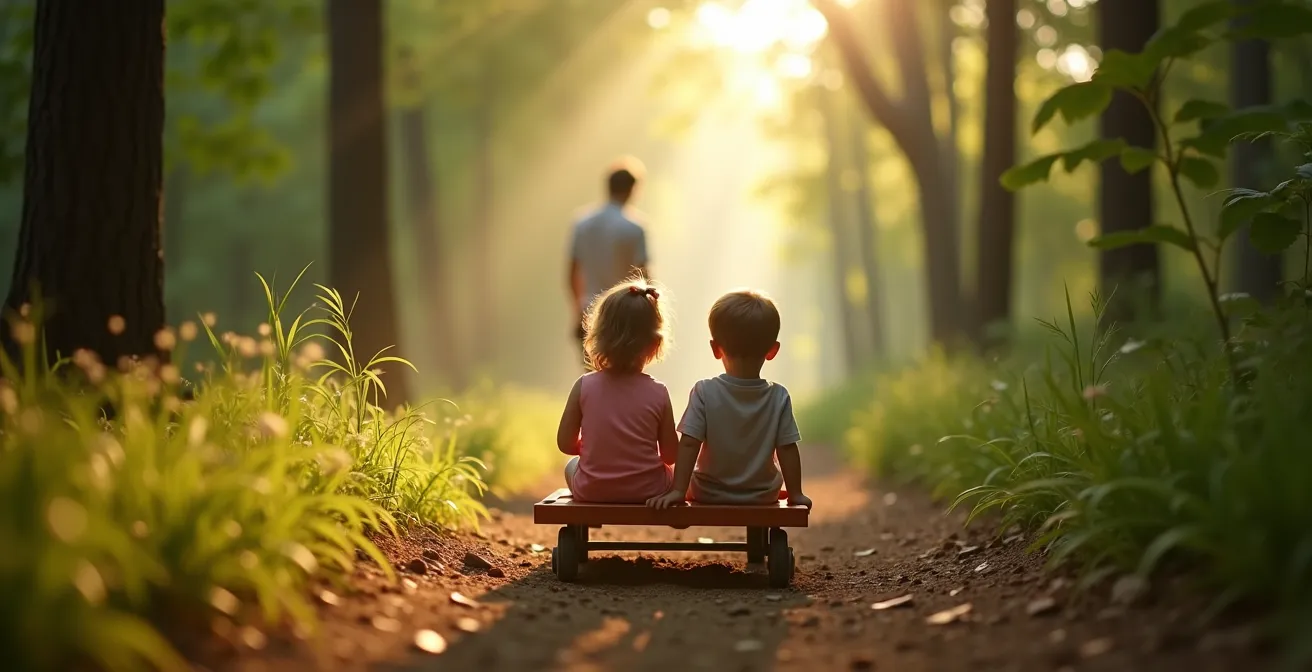 Enfants descendant en luge d'été sous les tamarins dans la forêt du Maïdo
