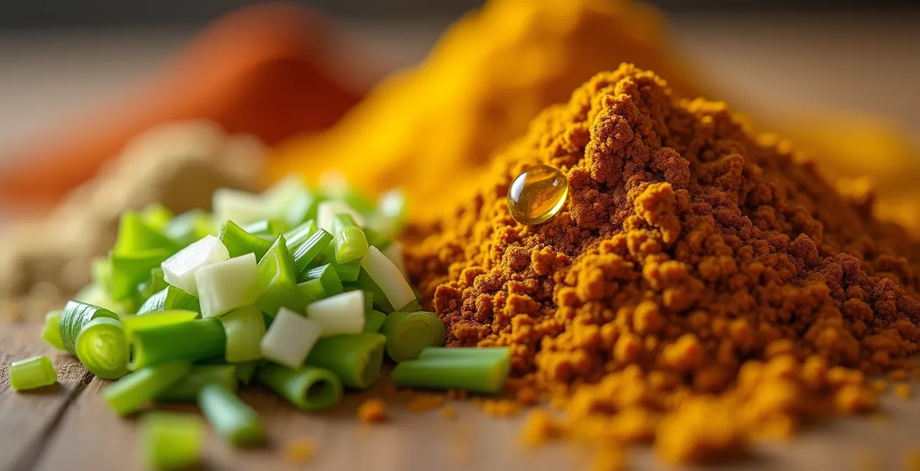 Gros plan sur les épices du bonbon piment avec cumin et oignons verts ciselés