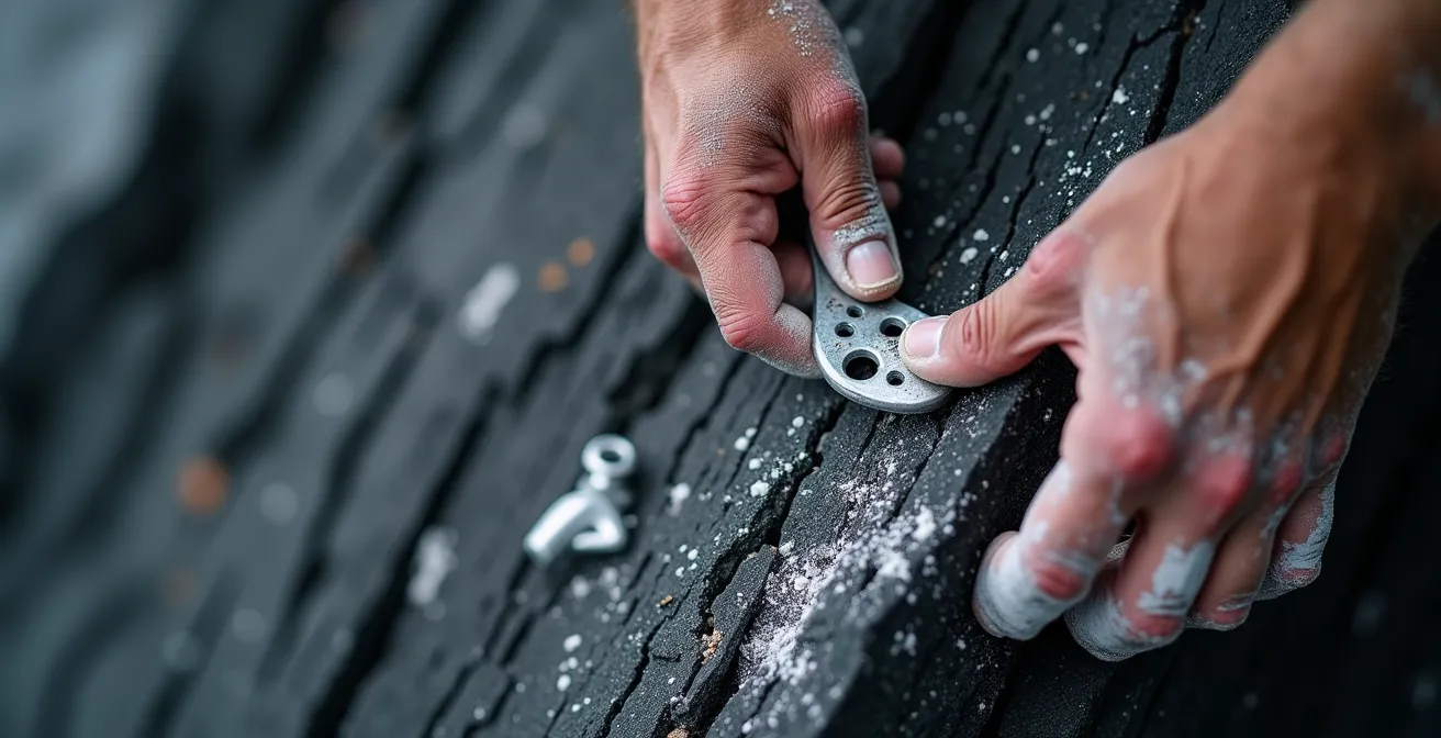 Équipeur travaillant sur une nouvelle voie dans les parois basaltiques de Cilaos