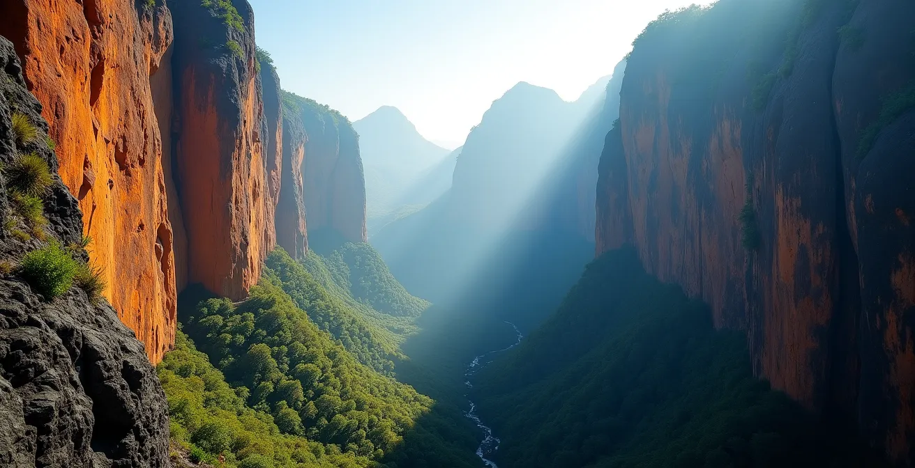 Vue panoramique des faces d'escalade de Cilaos montrant les zones d'ombre et de soleil selon l'orientation