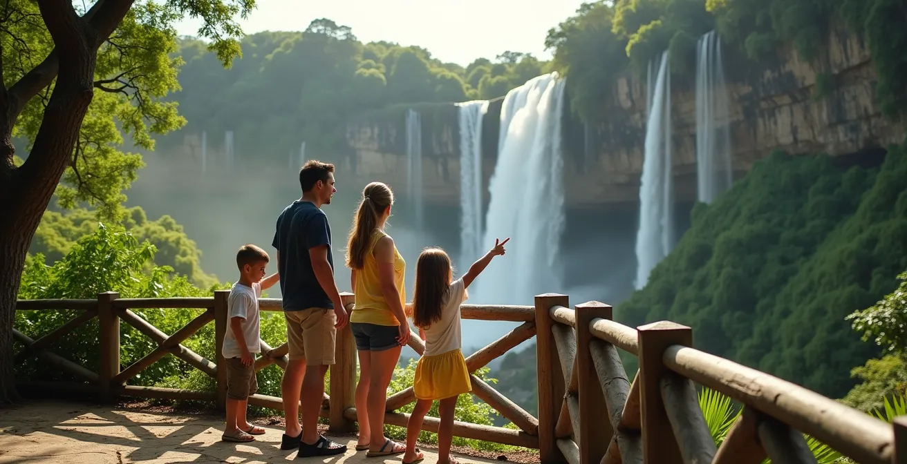 Famille avec enfants découvrant une cascade accessible à Salazie