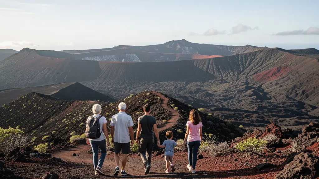 Famille avec enfants sur un sentier accessible du Piton de la Fournaise