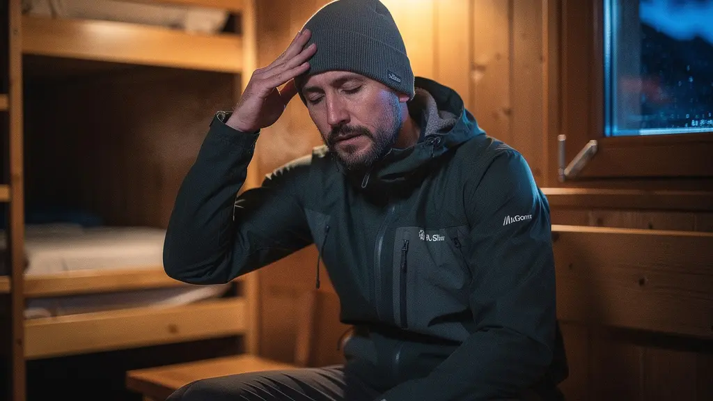 Randonneur fatigué assis dans un refuge de montagne la nuit, bonnet sur la tête, visage crispé comme s’il avait mal à la tête, ambiance froide.