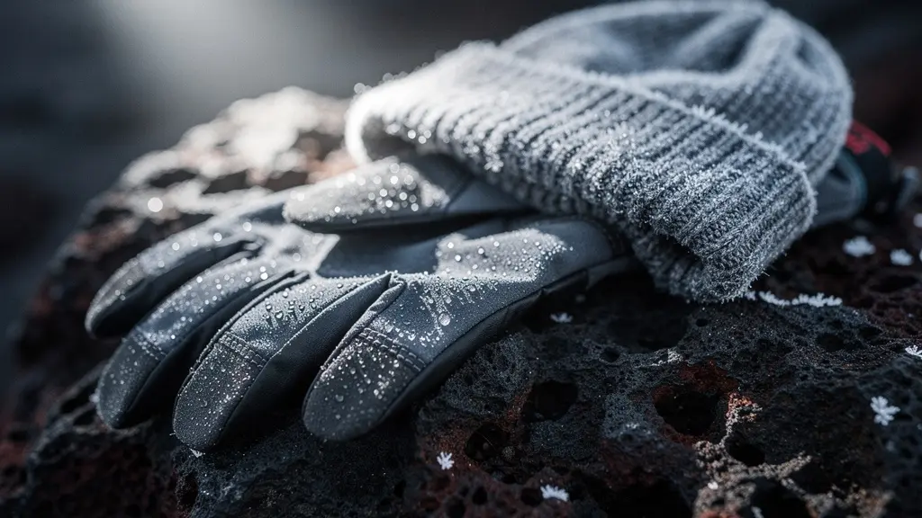 Gros plan sur des gants et un bonnet posés sur une roche volcanique avec du givre, éclairés par une lampe frontale avant l’aube.
