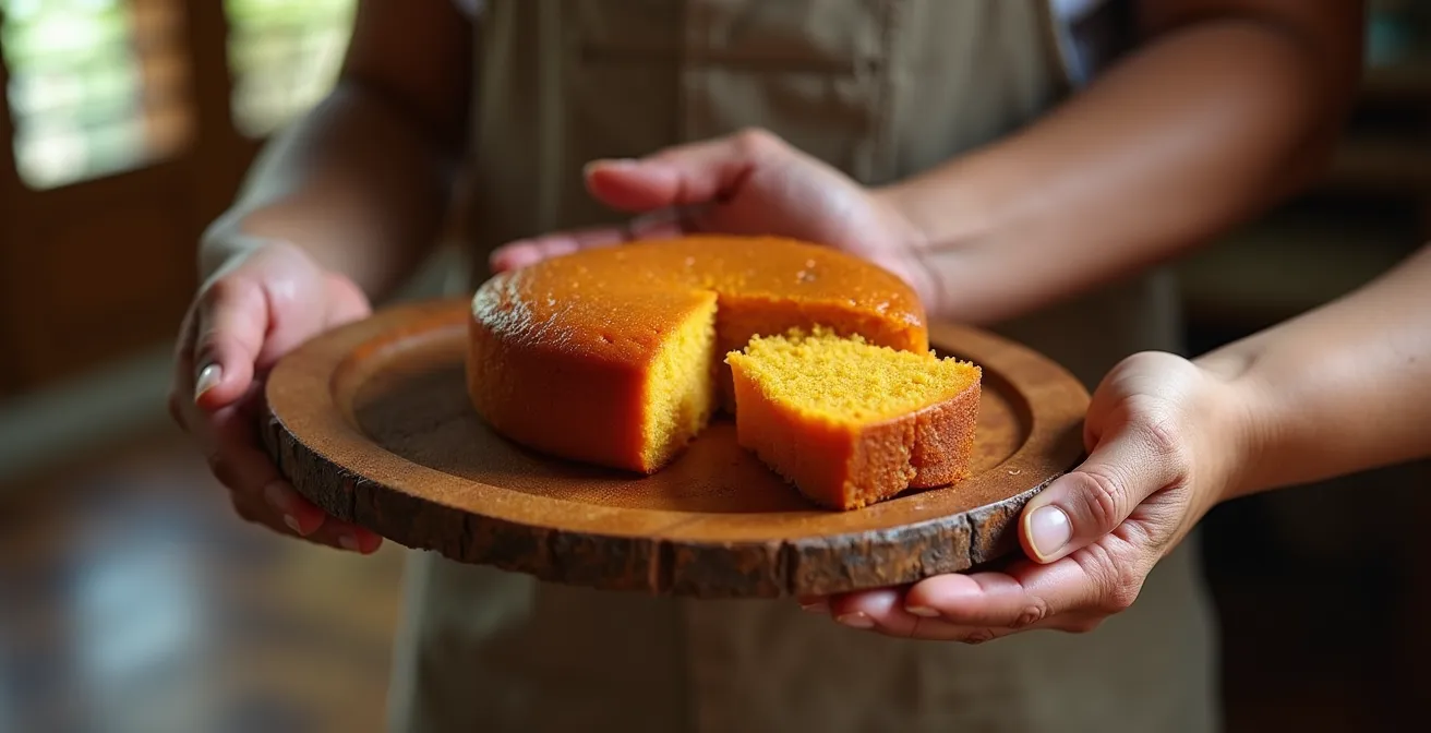 Gâteau patate doré sur plat de service en bois, ambiance chaleureuse réunionnaise