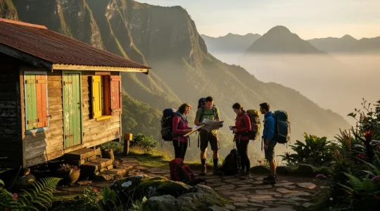 Groupe de randonneurs préparant leurs sacs devant un gîte traditionnel dans le cirque de Mafate