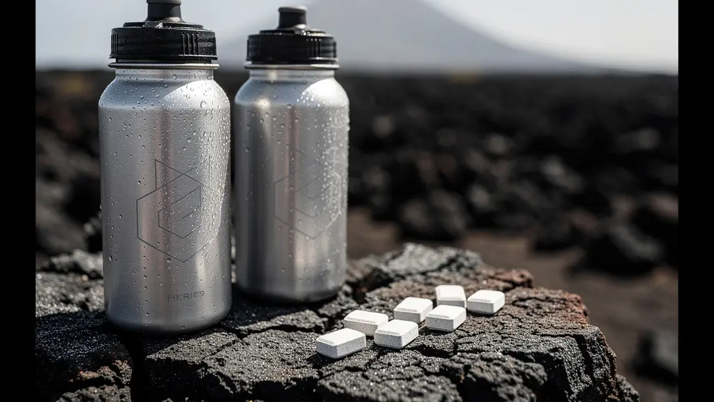 Gourdes d'eau et pastilles de réhydratation posées sur la roche volcanique noire du Piton de la Fournaise