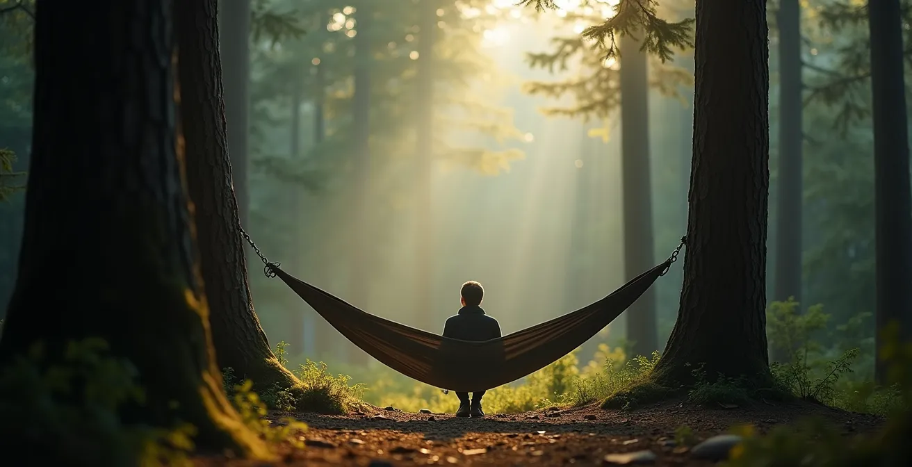 Hamac suspendu entre deux cryptomérias dans une atmosphère silencieuse et brumeuse