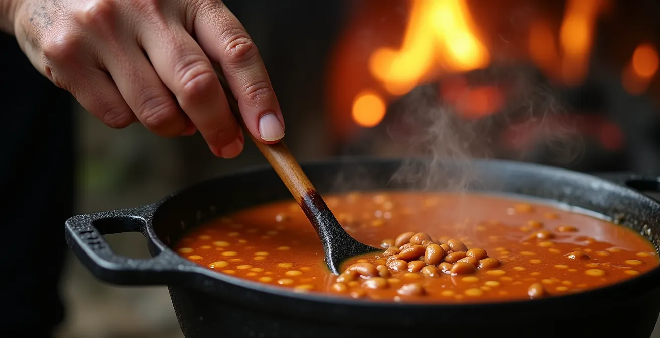 Haricots rouges onctueux avec kalon caramélisé visible dans marmite traditionnelle