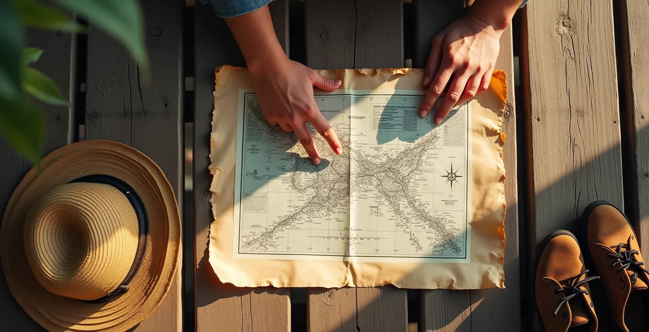 Hôte réunionnais montrant une carte annotée à la main avec des sentiers secrets sur une table en bois