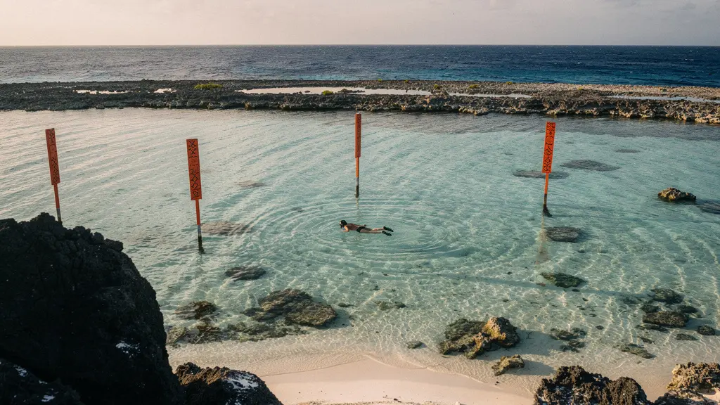 Vue panoramique du lagon turquoise de La Réunion avec la barrière de corail visible sous l'eau et des balises de protection dans le lagon