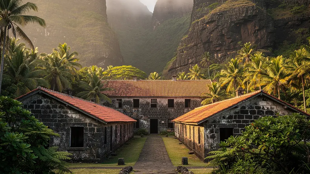 Vue atmosphérique du Lazaret de la Grande Chaloupe encaissé entre les falaises