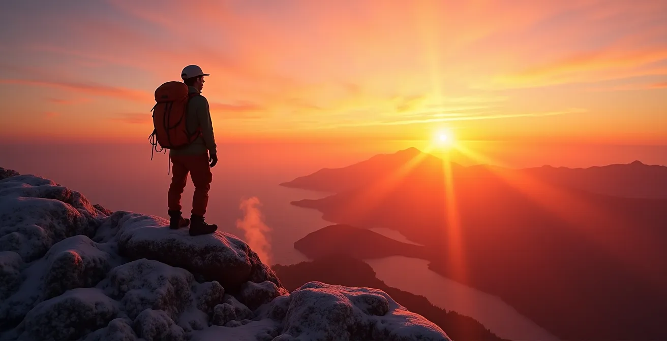 Grimpeur au sommet du Piton des Neiges au lever du soleil avec vue sur les cirques