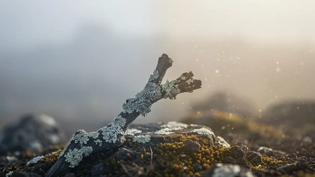 Lichen sur une branche avec un arrière-plan partagé entre brume claire et air plus chargé, suggérant un contraste de qualité de l’air, sans éléments urbains lisibles.