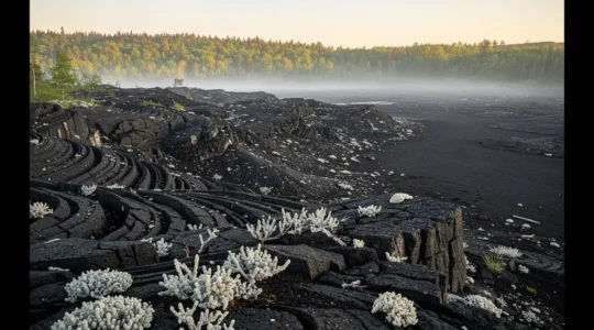 Coulée de lave noire au lever du jour avec des nappes de lichen blanc en premier plan et une lisière de forêt en arrière-plan, dans une atmosphère de brume.