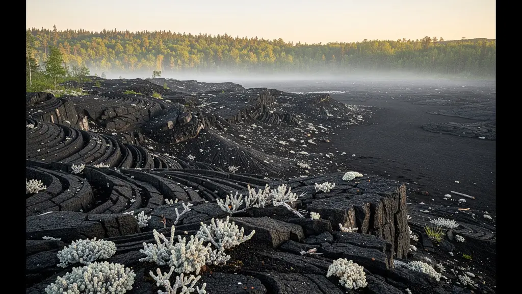 Coulée de lave noire au lever du jour avec des nappes de lichen blanc en premier plan et une lisière de forêt en arrière-plan, dans une atmosphère de brume.